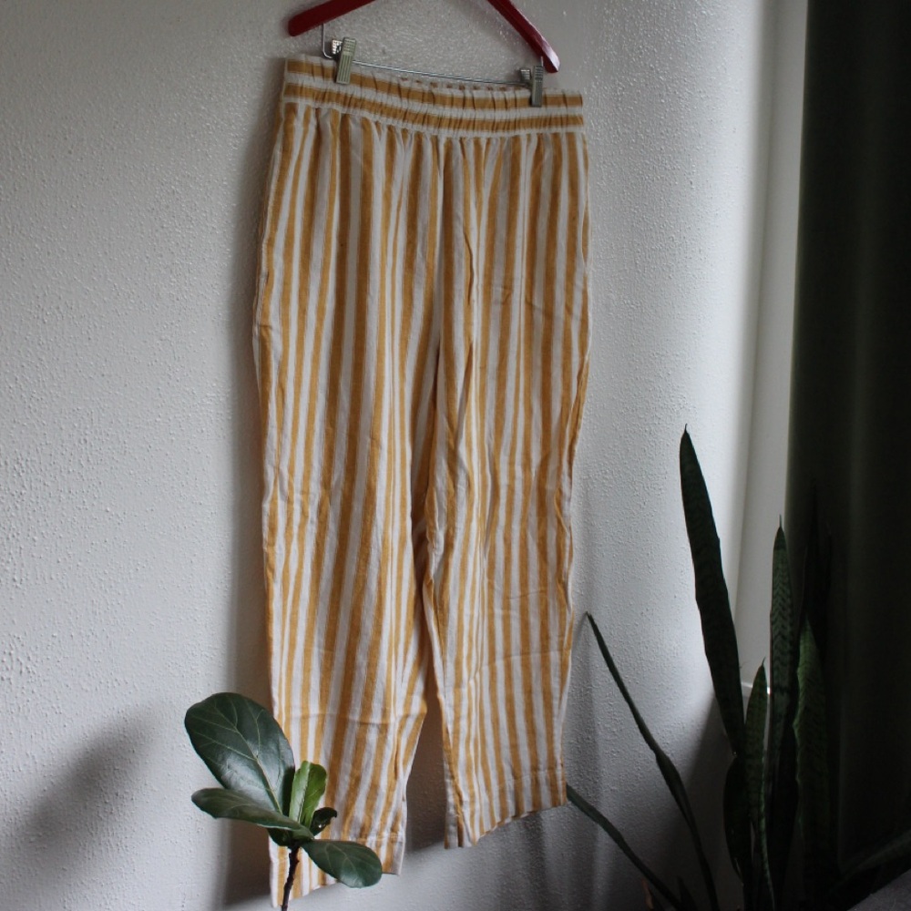 Madewell Striped Linen Blend Pants Yellow White Relaxed Fit Size L